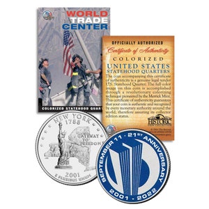 9-11 World Trade Center 21e verjaardag NY Quarter met origineel Twin Towers-logo - inclusief ruilkaart - SNEL EN GRATIS verzonden naar de VS