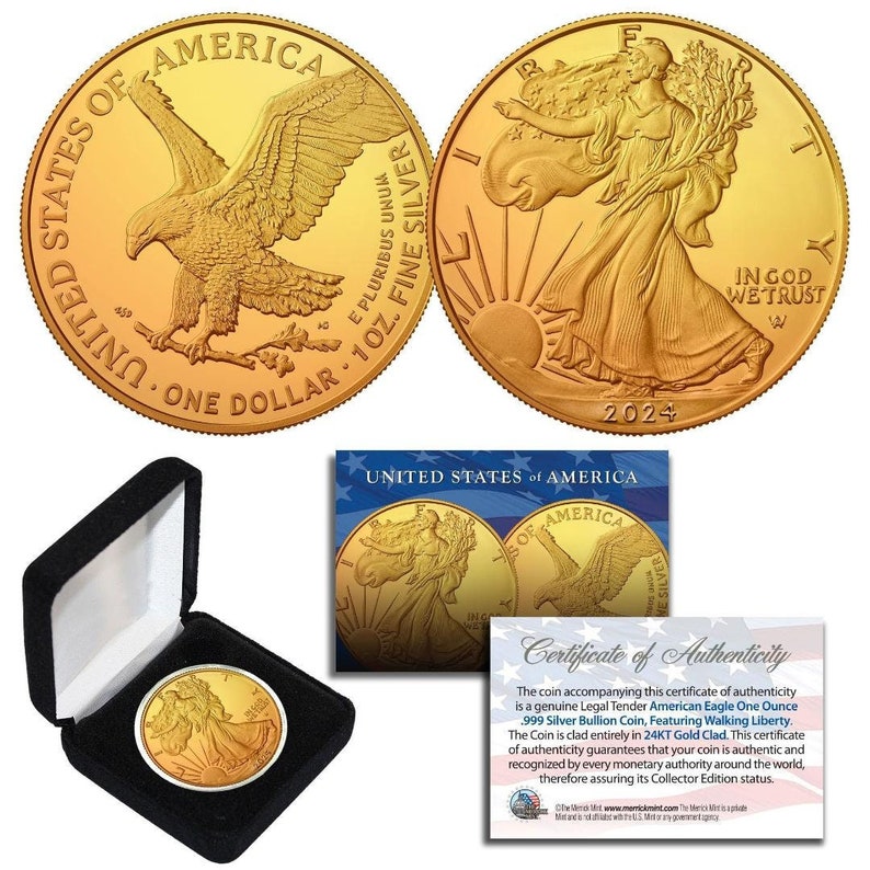 24K Gold Gilded 2024 American Silver Eagle 1 Oz .999 Coin W/ Box - Etsy