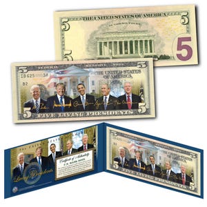 NOVITÀ - 5 presidenti viventi nel 2025 su una banconota da cinque dollari (5,00) Autentica moneta legale statunitense