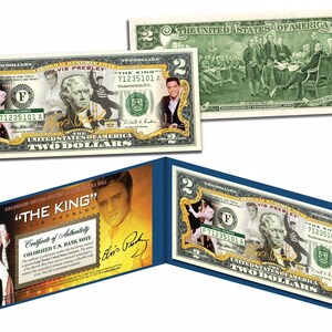 ELVIS PRESLEY  &quot; The King &quot; Colorized Two Dollar Bill Genuine US Currency - Fast & Free Delivery to U.S.