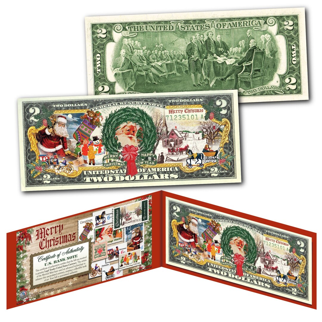 Merry Christmas postage Stamp Theme Genuine Legal US Tender 2 Dollar