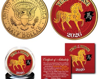 May include: A gold coin with the text "UNITED STATES OF AMERICA" and "HALF DOLLAR". The reverse side features an eagle. Another coin shows a gold horse design on a red background with the text "YEAR of the HORSE" and "2026".