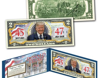 Billete de dos dólares de Donald Trump, 47.º presidente, con sello 45/47 - Moneda estadounidense auténtica