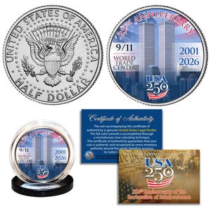 May include: A silver half-dollar coin with an eagle and the words "United States of America." Another coin commemorates the 25th anniversary of 9/11, featuring the Twin Towers and the text "USA 250." Includes a certificate.