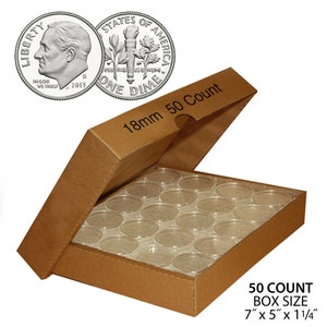 50 Quantity Coin Capsule Holders Direct-Fit Airtight w/Cardboard Storage Box - Choose Size
