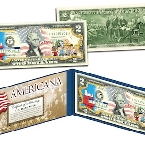 PEANUTS SNOOPY * Americana * Billete de curso legal genuino de dos dólares estadounidenses - ¡Envío rápido y gratuito!