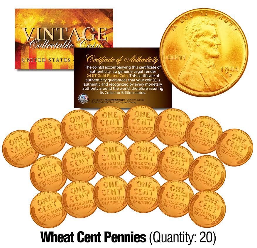 Lincoln Head 1940's/50's WHEAT Cent Pennies US Coins 24K GOLD Plated (Lot of 20)