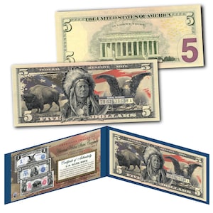 Americana Abbildungen historischer US Währung Fünf 5,00 Dollar Bill *BISON - INDIANER - ADLER*