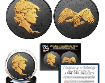 2026-D EMERGING LIBERTY DIME, Black Ruthenium with 24K Gold Highlights - America 250 Semiquincentennial