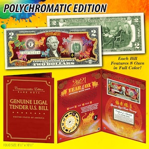 May include: A commemorative bank note featuring the Chinese zodiac animal, the ox, in full color. The note is a genuine legal tender U.S. bill with a red, white, and blue design. The note is part of a commemorative edition for the Year of the Ox, 2021. The note is 8 1/2 inches by 10 1/2 inches.