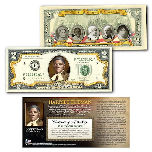 HARRIET TUBMAN "Women's Suffrage" Official Genuine Legal Tender 2-Sided Colorized Two Dollar Bill - Ships Free & Fast to U.S.