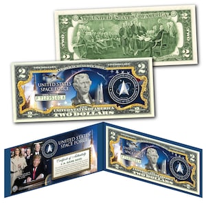 Donald Trump unterschreibt bei US Space Force U.S.S.F. 6th Military Zweig Into Existence 2.00 Dollar Bill in Deluxe Vinyl Folio - Ships Fast & FREE