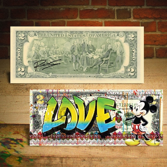 Mickey Mouse Graffiti LOVE Genuine Two Dollar Bill - Hand-signed