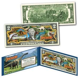 DINOSAURS Collection on Colorized Two Dollar Bill Genuine US Currency