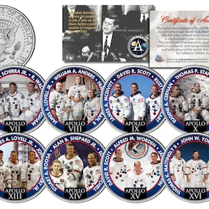 May include: A collection of commemorative coins featuring the Apollo missions. Each coin displays a portrait of the astronauts and the mission number. Includes a Kennedy half dollar and a certificate of authenticity.
