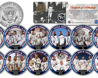 Juego de 12 monedas de medio dólar coloreadas de JFK con tripulación de astronautas del programa espacial de la NASA con certificado