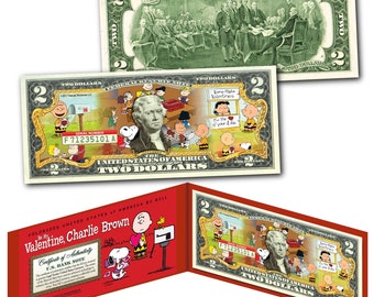 PEANUTS Valentinstag Themed Zwei Dollarschein Echte US Währung - Charlie Brown Lucy Linus