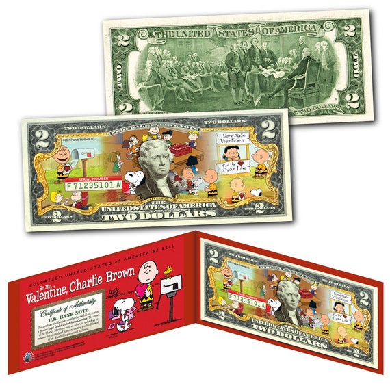 PEANUTS Valentine's Day Themed Colorized Two Dollar Bill Genuine U.S. Currency - Snoopy Charlie Brown Lucy Linus