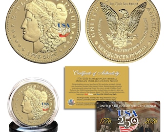 1776–2026 – 250. Jahrestag der USA * Morgan-Dollar * Goldene 1-Unzen-Gedenkmünze mit rot-weiß-schwarzem Prägezeichen