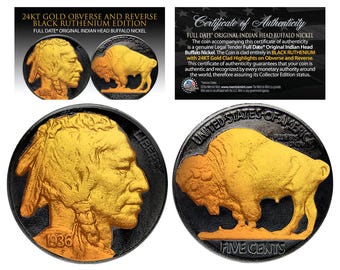 Moneda de níquel búfalo con cabeza de indio original de rutenio negro y oro de 24 quilates de la década de 1930 con FECHAS COMPLETAS
