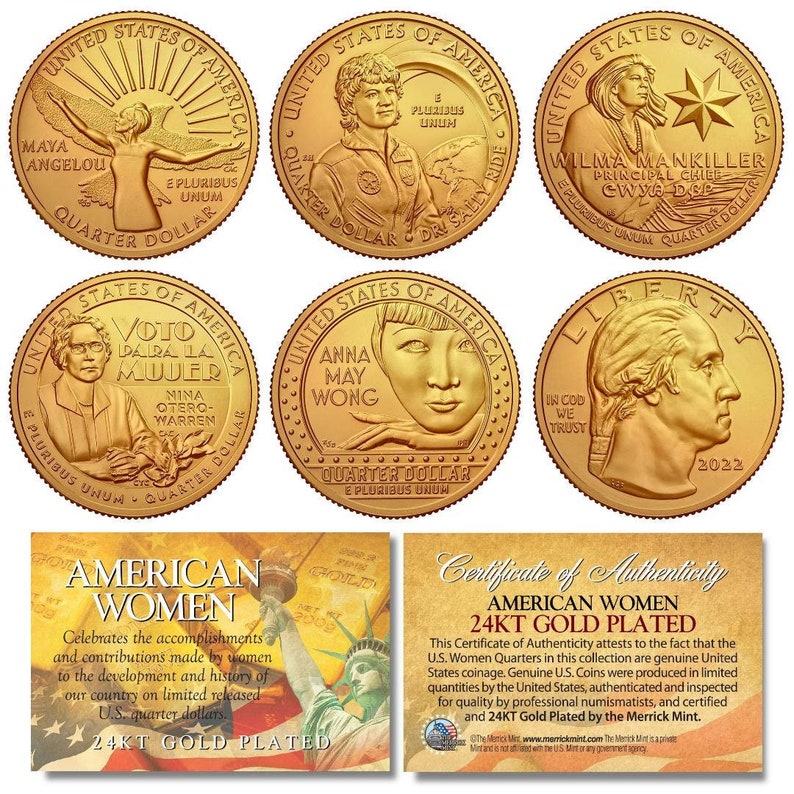 American Women 2022 Series 24K Gold Plated U.S. Mint Quarters 5-coin