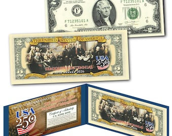 Declaración de Independencia de EE. UU. 250.º aniversario de Estados Unidos. Billete genuino de 2 dólares estadounidenses. Colores de pintura originales.