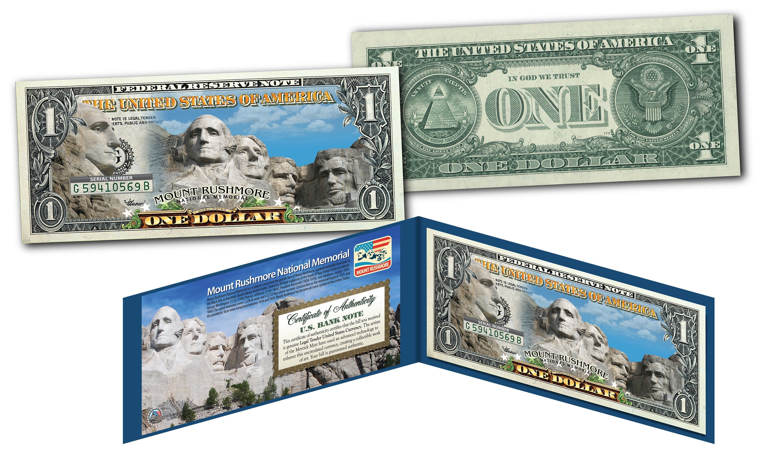 Mount Rushmore National Genuine Legal Tender Choose 1 or 2 Dollar Bill in Deluxe Blue Vinyl Folio - Ships Fast & FREE to U.S.