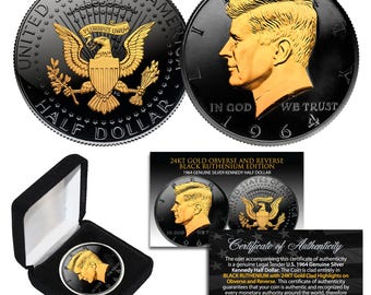 Moneda de medio dólar JFK Kennedy de plata de 1964 con rutenio negro y enigma dorado de 24 quilates con caja y certificado de autenticidad