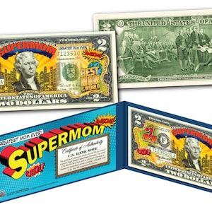 Muttertag SUPERMOM Colorierte zwei Dollar-Schein auf echter US-Währung - Schiffe schnell und KOSTENLOS!