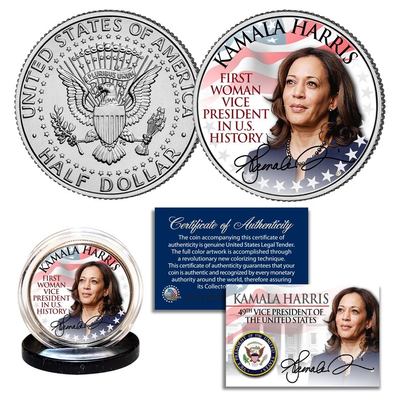 Pode incluir: Uma moeda comemorativa de prata com Kamala Harris, a primeira mulher vice-presidente dos Estados Unidos. A moeda tem um retrato de Harris de um lado e o selo dos Estados Unidos do outro. A moeda &eacute; acompanhada por um certificado de autenticidade.