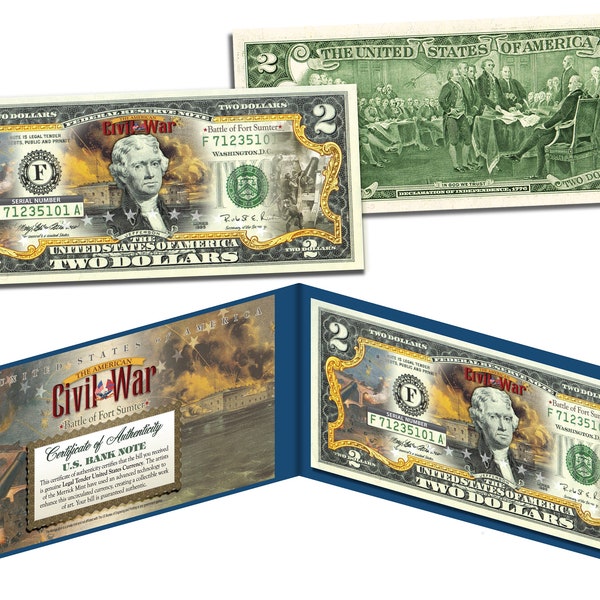 Civil War * Battle of FT. SUMTER * Two Dollar Bill on Genuine U.S. Currency - Ships Fast and FREE to U.S.