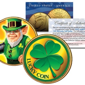 Lucky Leprechaun & Four Leaf Clover * 2-SIDED * 24K Gold Plated John F. Kennedy Half Dollar Coin