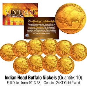 Lot of 10 Full Date BUFFALO NICKELS U.S. Coins Gold Plated Indian Head - Amazing Value