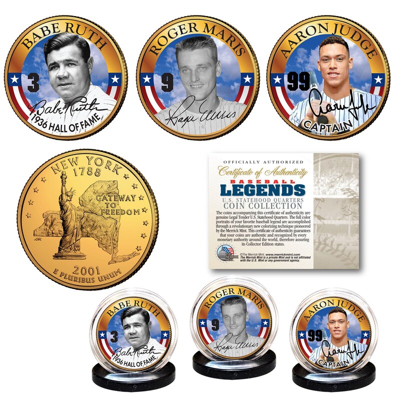 RUTH - MARIS - JUDGE Yankee Home Run Greats N.Y. State Quarters 24K ...