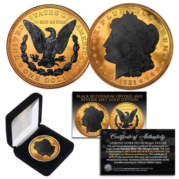 1921 Original AU Morgan Silver Dollar 24K GOLD & Black Ruthenium Highlights with Box and Certificate - Fast Shipping, Free to U.S.