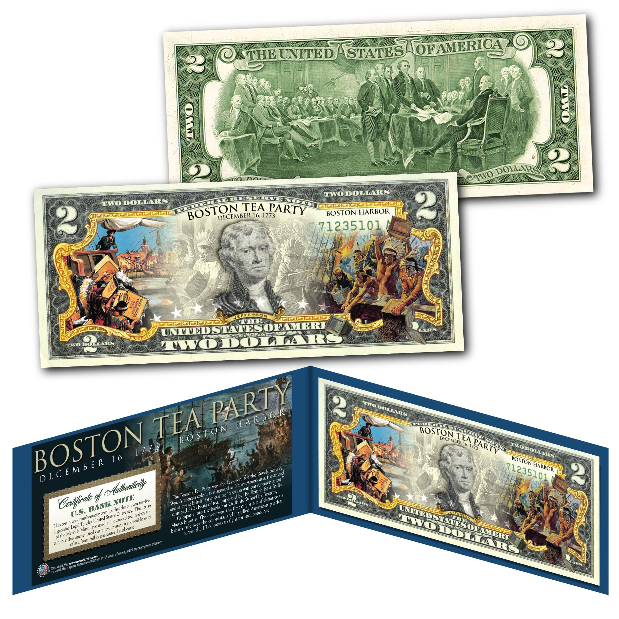 BOSTON TEA PARTY Two Dollar Bill on Genuine Currency Ships