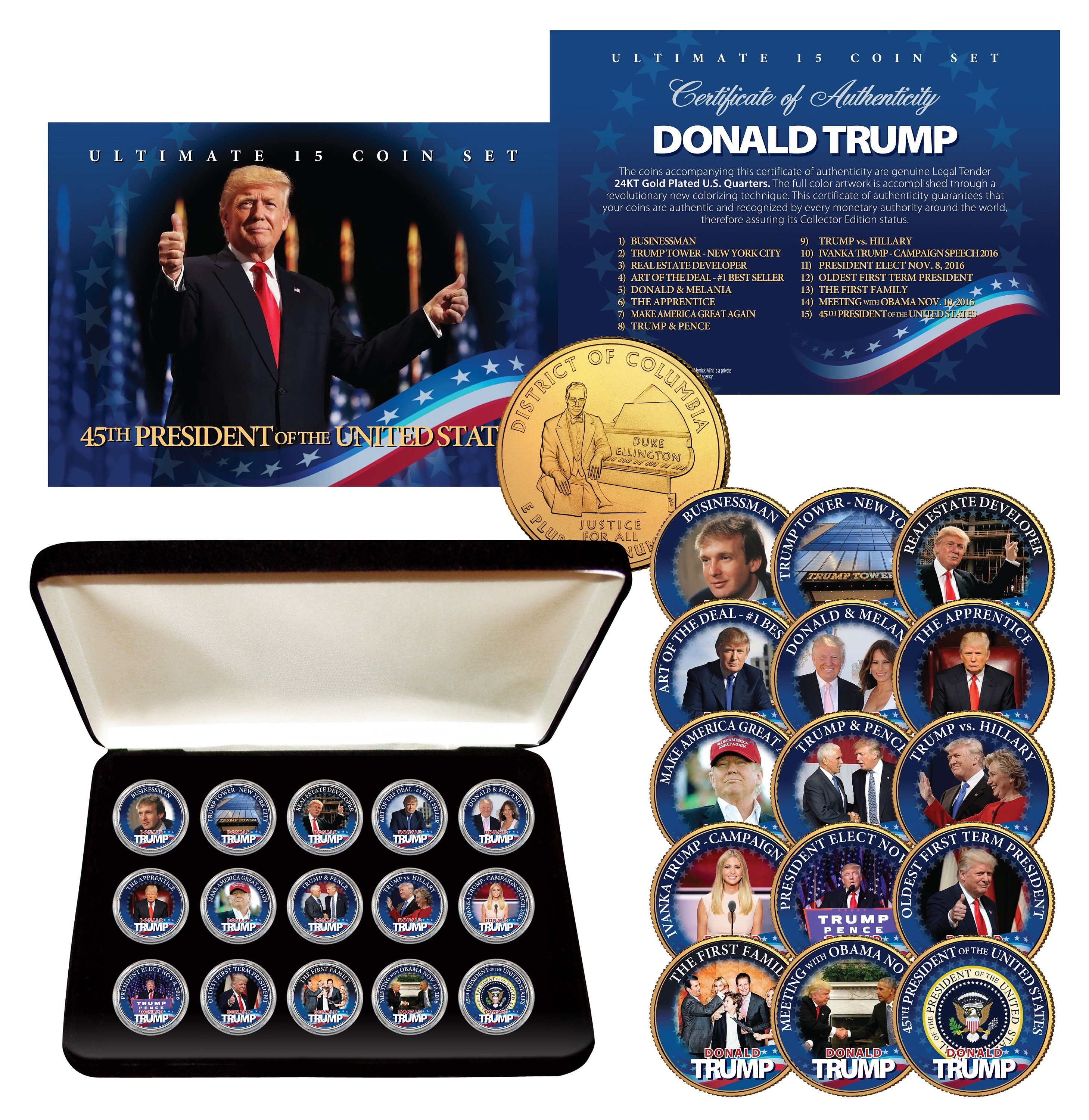 DONALD TRUMP 45th President Ultimate 15 Coin Set of 24K Gold Plated Washington State Quarters in Deluxe Box- Fast, Free Shipping!