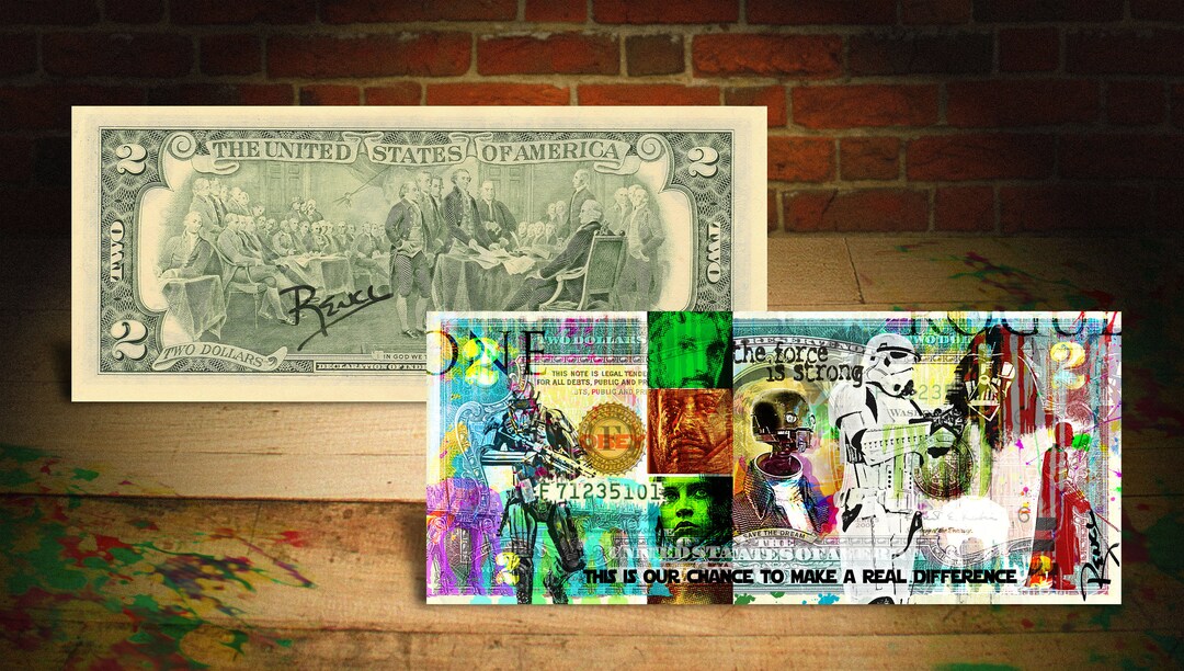 Rency / Banksy Style $2 US Bill Collage – Spiderman Flintstones MAGA, Signed Pop Art