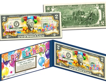 UNIQUE BIRTHDAY Card or Gift * Happy Birthday * Colorized 2.00 Dollar Bill