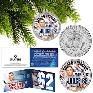 Aaron Judge 62 Home Run Record CHRISTMAS ORNAMENT JFK Kennedy Half Dollar Coin w/Panoramic Certificate
