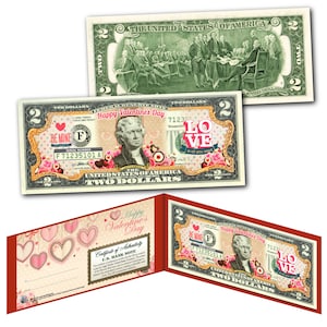 Happy Valentine's Day LOVE - PINK Eingefärbter Zwei-dollar-Schein auf echter US-Währung - Schiffe schnell und kostenlos nach USA!