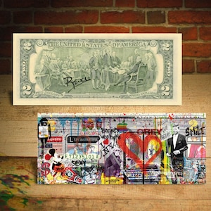 NYC SUBWAY Auto Graffiti Mickey Ali JFK Banksy Pop Art Echte 2 Dollar Bill signiert von Rency - Ships Fast. Frei nach USA