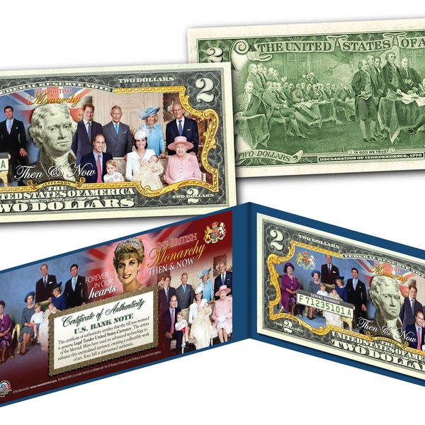 British Royal Family "Then & Now" with Princess Diana, Princess Kate, Prince William, Prince Harry Two Dollar Bill Genuine US Currency