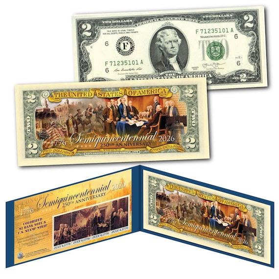 2026 Semiquincentennial America's 250th Anniversary 2.00 Dollar Bill with 4  Panel Stamp Strip