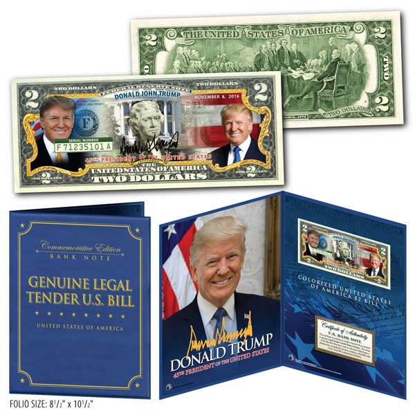 Donald Trump 45th PRESIDENT Two Dollar Bill on Genuine U.S. Currency in LARGE 8 X 10 Deluxe Vinyl Folio - Ships Fast!