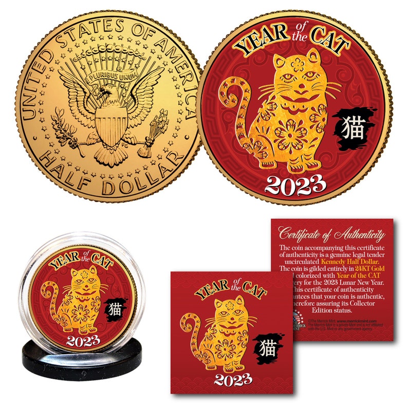 2023 Vietnamese Year of the CAT Lunar New Year Lucky Money - 24K Gold Plated JFK Half Dollar Coin with stand - Ships Fast US Seller