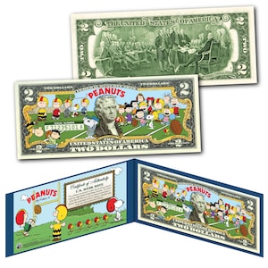 PEANUTS  * FOOTBALL * with Charlie Brown and Snoopy and the Whole Gang  Colorized Two Dollar Bill Genuine US Currency