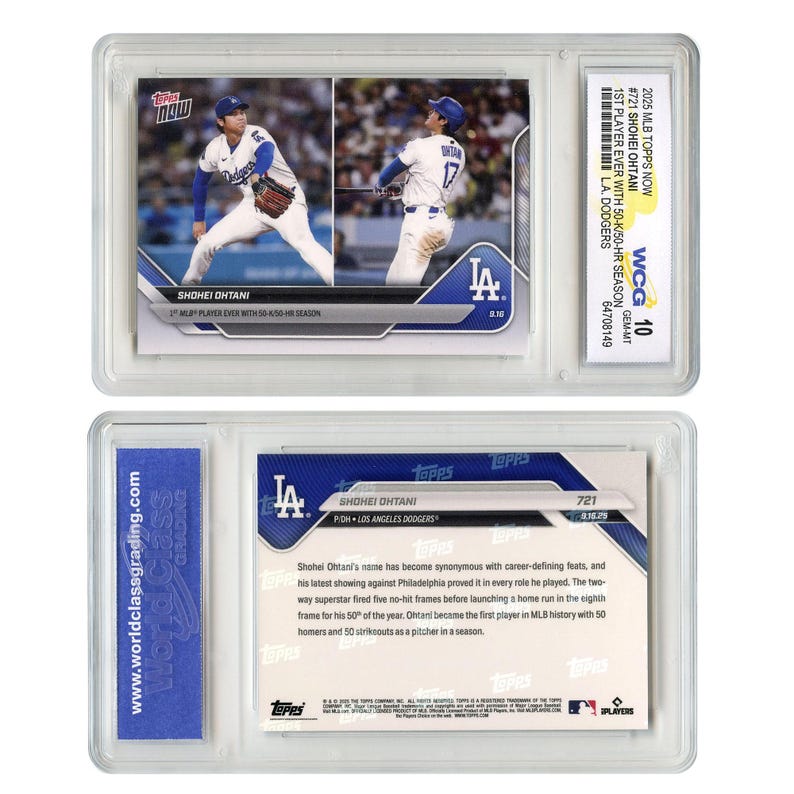 May include: A baseball card featuring Shohei Ohtani of the Los Angeles Dodgers. The card shows action shots of Ohtani in a Dodgers uniform. The card is encased in a protective holder with a grading label.