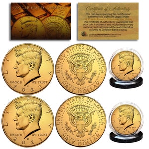 2023 24K GOLD Clad JFK Kennedy Half Dollars 2-Coin Set P&D MINT with Certificate of Authenticity and Holders