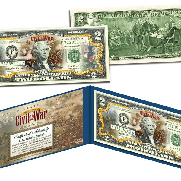 Civil War * Battle of BULL RUN * Two Dollar Bill on Genuine U.S. Currency - Ships Fast and FREE to U.S.